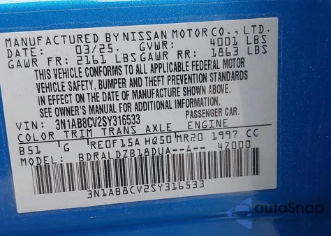 2025 Nissan Sentra Sv from USA, damaged, VIN 3N1AB8CV2SY316533